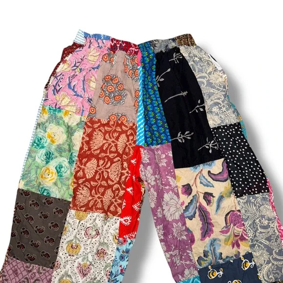 Unique Patchwork Cotton Lounge Pants Boho Bohemian Hippie Drawstring Waist - Picture 4 of 5